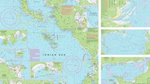 a selection of paper charts showing navigational routes