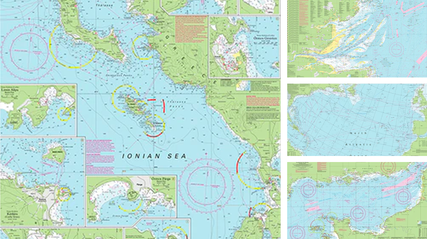 a selection of paper charts showing navigational routes
