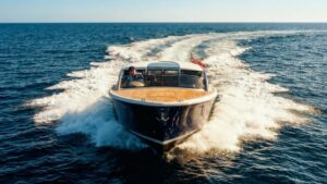 Front view of Falcon Tenders newest creation powering through the water