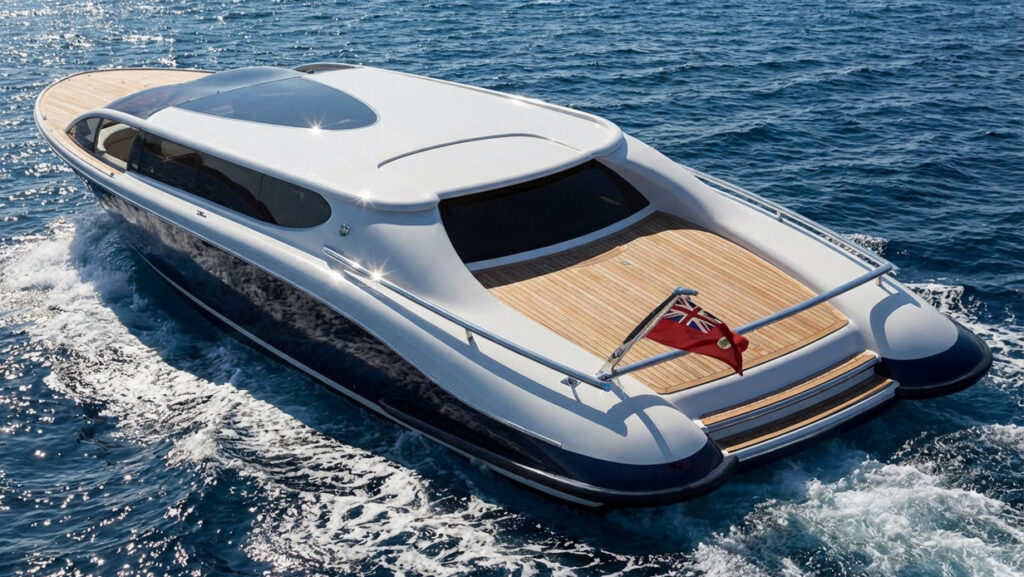 Aerial view of stern of superyacht tender created by Falcon Tenders in collaboration with Tim Heywood