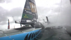 SailGP boats collision as one boat comes over the top of the other in Auckland