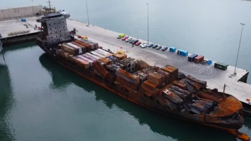 aerial view of container ship after collision