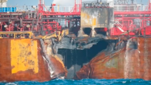 A massive hole ripped into the side of a container ship after the North Sea collision