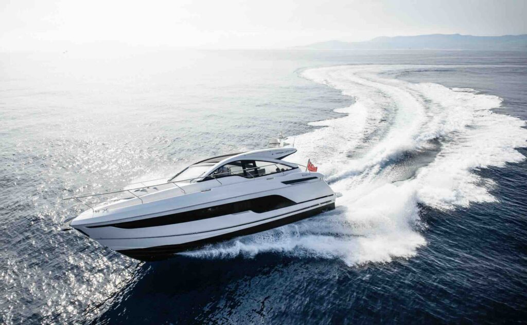 Fairline Targa 47 open motorboat with wake shot