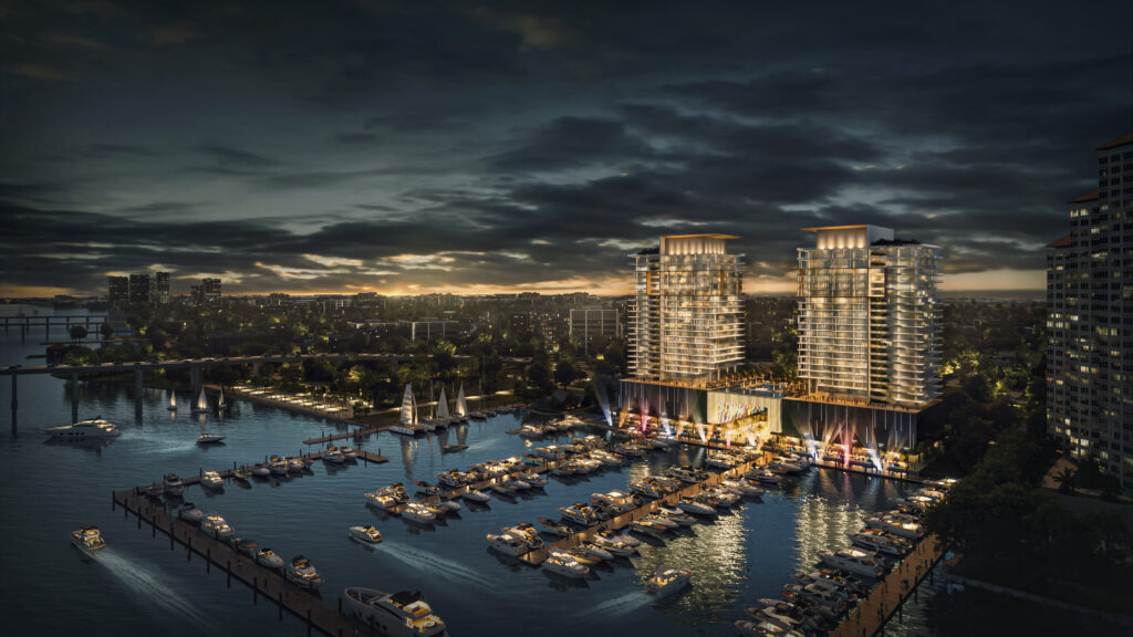 Evening aerial rendering of Legacy Harbour Marina redevelopment