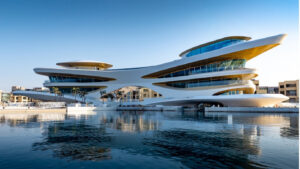 Amaalya Yacht Club seen from water - a futuristic looking building