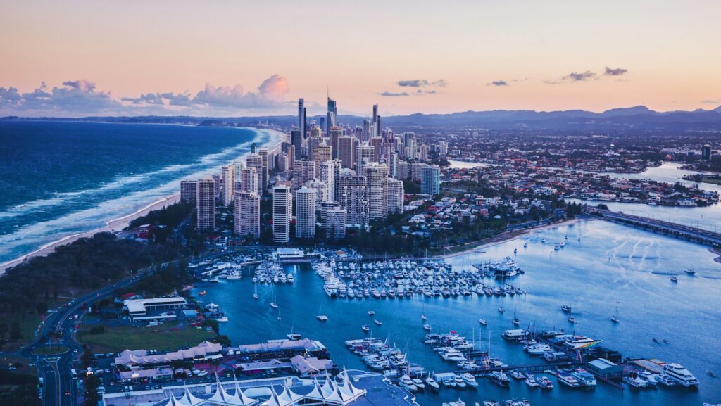 Aerial of Surfers Paradise, looking south at dusk.