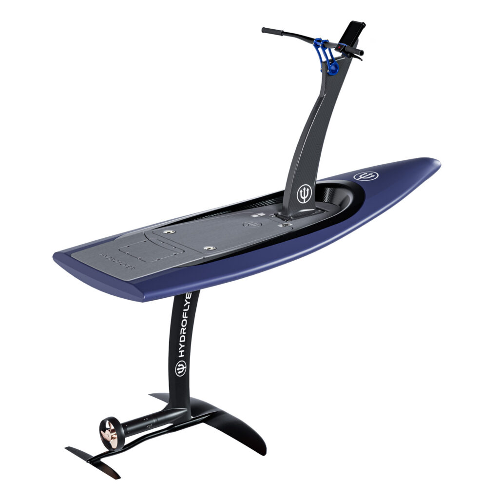 Product shot of an electric hydrofoiling surf board