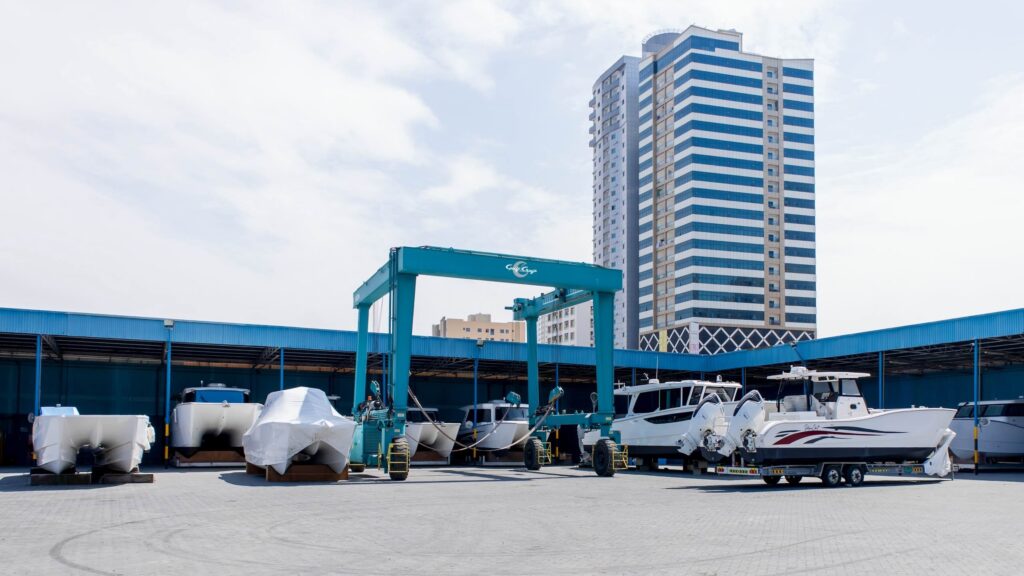 Boats on the hard outside of boat factory