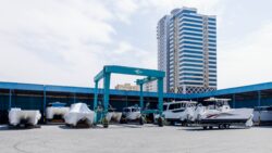 Boats on the hard outside of boat factory