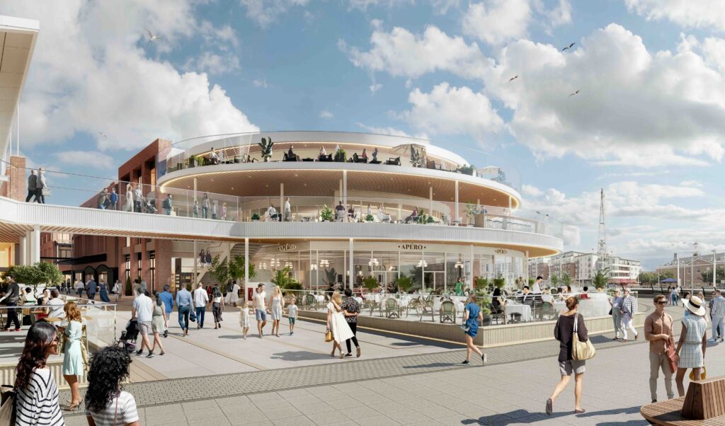 Rendering of modern alfresco waterfront building
