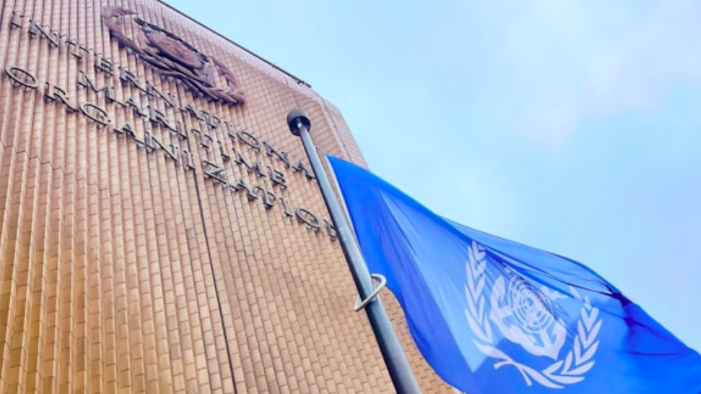 IMO flag outside building