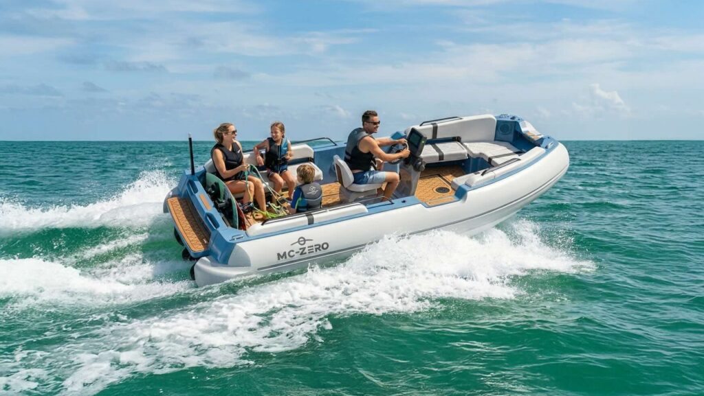 Family onboard electric jet tender on the water