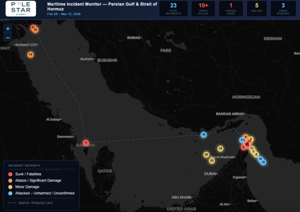 data on screen showing ships in Strait of Hormuz that are caught up in current conflict