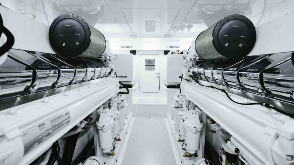 gleaming white engine room of a large yacht