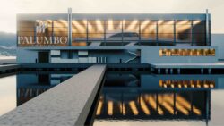 Rendering of large, modern, waterfront yacht showroom