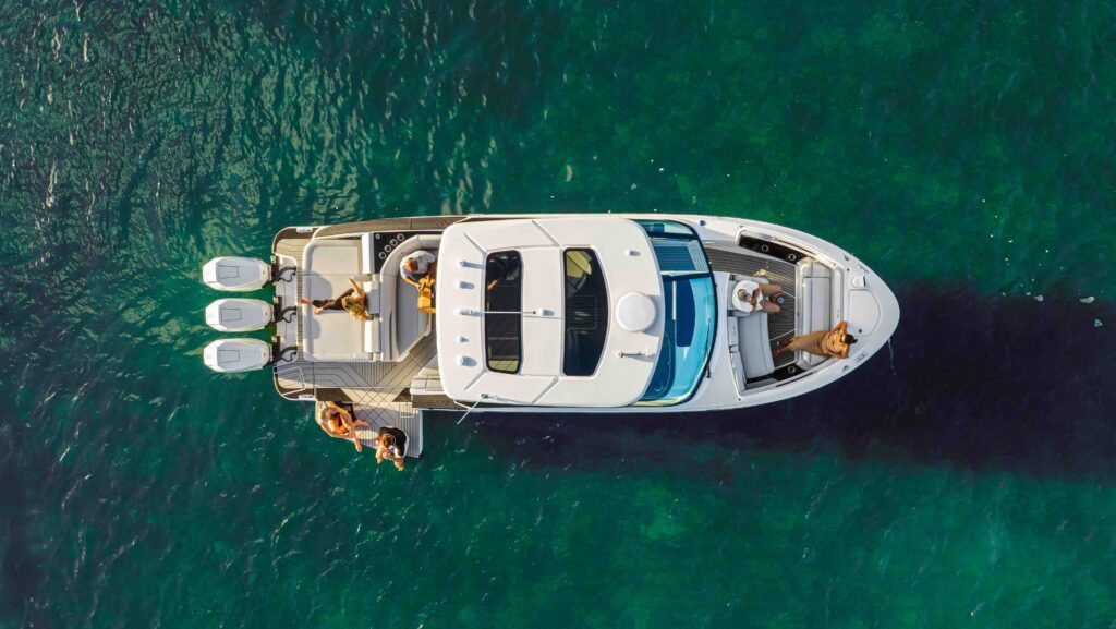 aerial view of 36ft motor boat