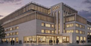 Rendeering of modern beige office building