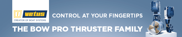 Advert for Vetus Bow Pro thruster family, showcasing boat thruster systems with the slogan "Control at your fingertips".