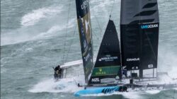 DS Automobiles SailGP Team France collision with Black Foils SailGP Team during racing on Race Day 1 of the ITM New Zealand Sail Grand Prix in Auckland, New Zealand cr Simon Bruty for SailGP