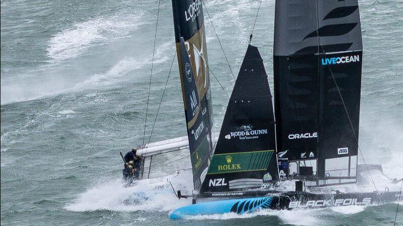 DS Automobiles SailGP Team France collision with Black Foils SailGP Team during racing on Race Day 1 of the ITM New Zealand Sail Grand Prix in Auckland, New Zealand cr Simon Bruty for SailGP