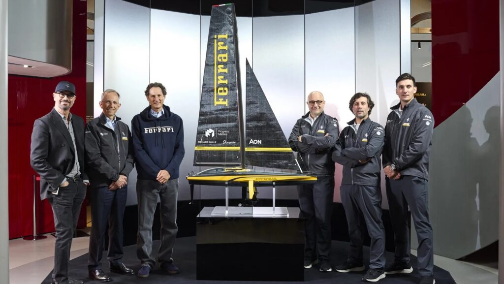 Ferrari reveals the Hypersail livery at Milan Design Week. From left: Flavio Manzoni, Benedetto Vigna, John Elkann, Matteo Lanzavecchia, Guglielmo Ribigini, Enrico Voltolini