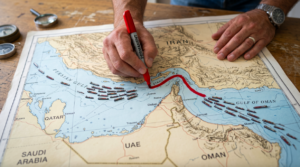 Map showing Strait of Hormuz with red lines and ships positioned on it