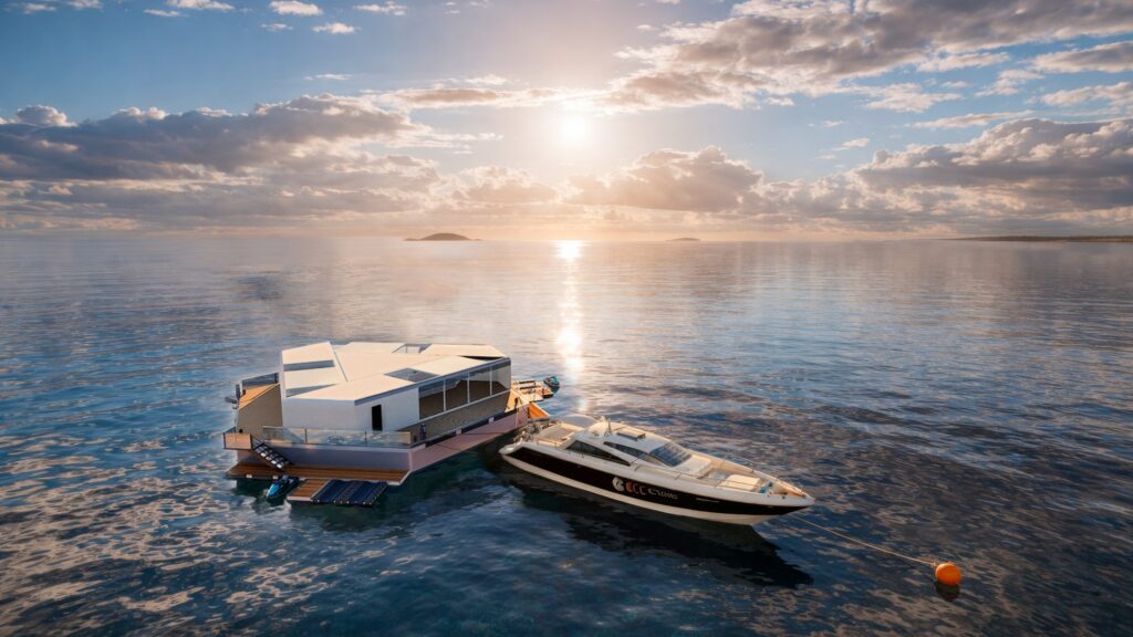 floating luxury dock with speedboat moored alongside
