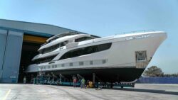 Majesty 145 superyacht coming out of boat shed