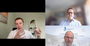 Three men talking on video call
