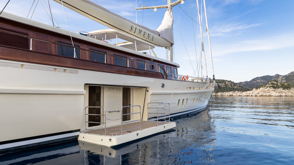 sailing superyacht with drop down side balcony out