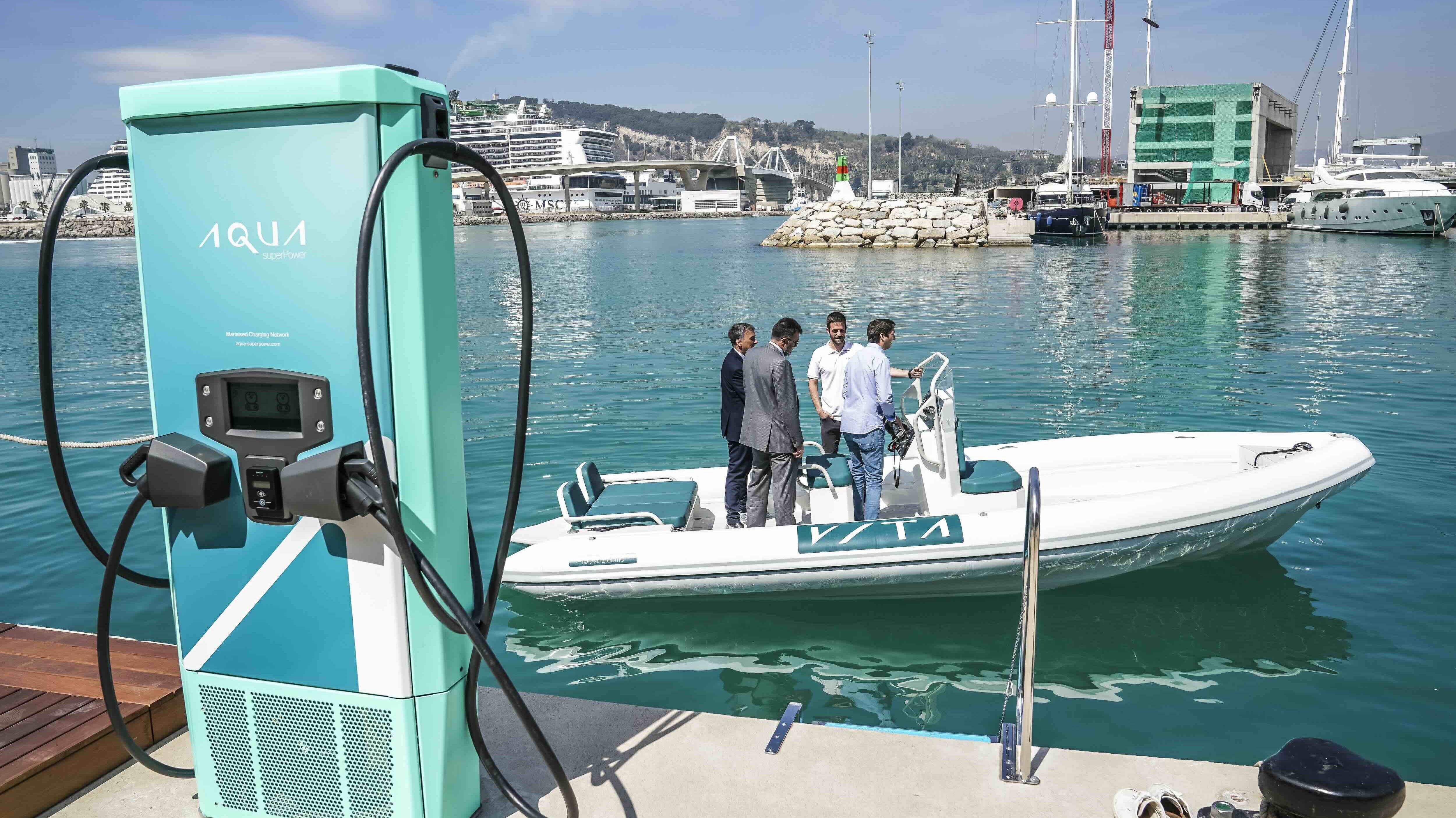 An Aqua Superpower charging station at Marina Vela Barcelona
