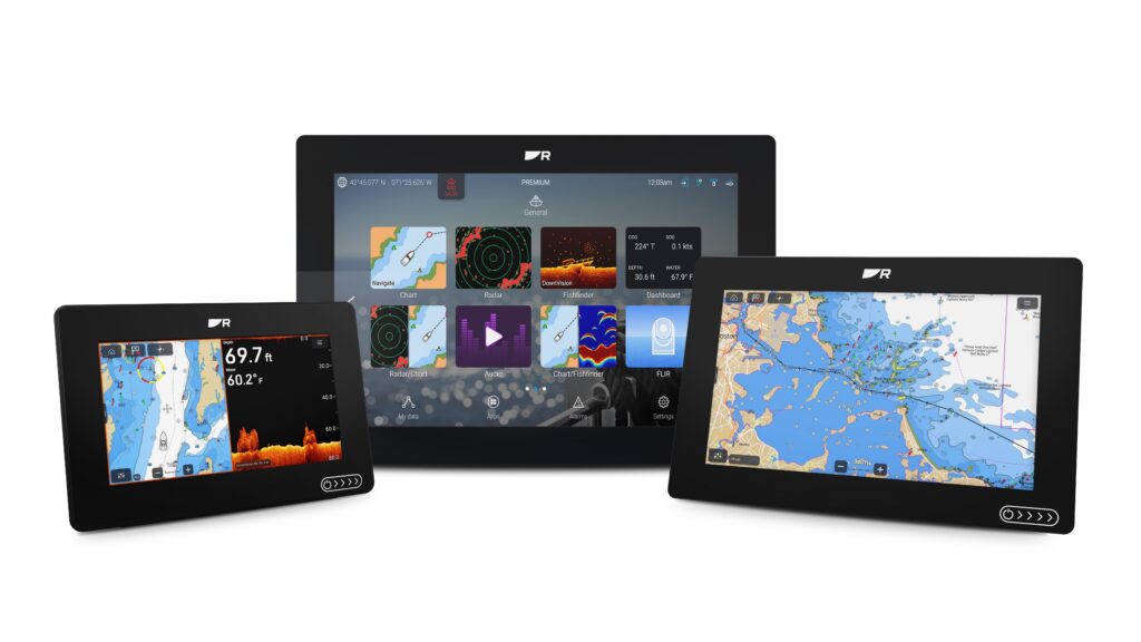 Three displays of Axiom 2 chartplotter