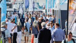 pontoon busy with people at a boat show
