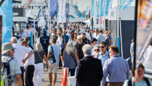 pontoon busy with people at a boat show