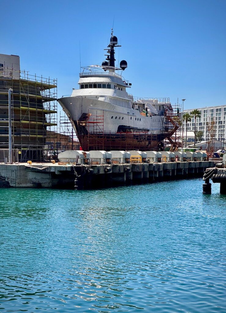 superyacht out of the water on dock