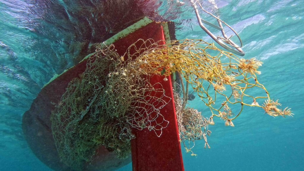 Fishing gear caught on boat, seen from underneath