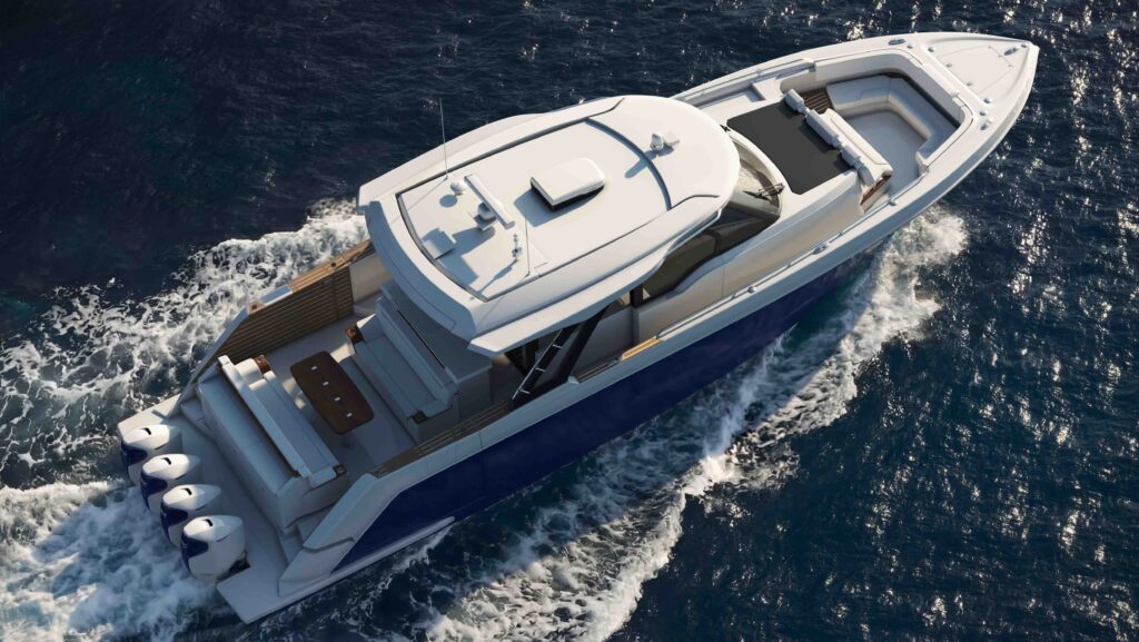 aerial view lesiure yacht with Dometic's FreshJet FJXM7 3500 on cabin roof