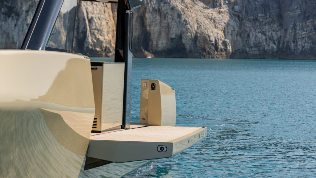 fold out balcony on a luxury motor boat hull