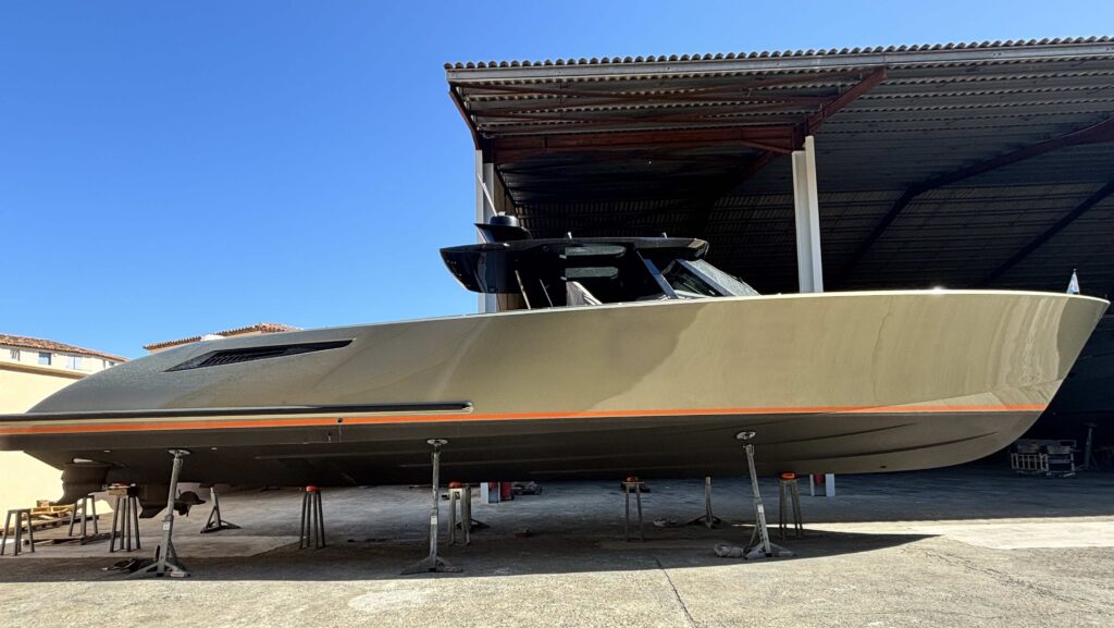 Nautipark's system for supporting yachts seen under motor launch on hard standing