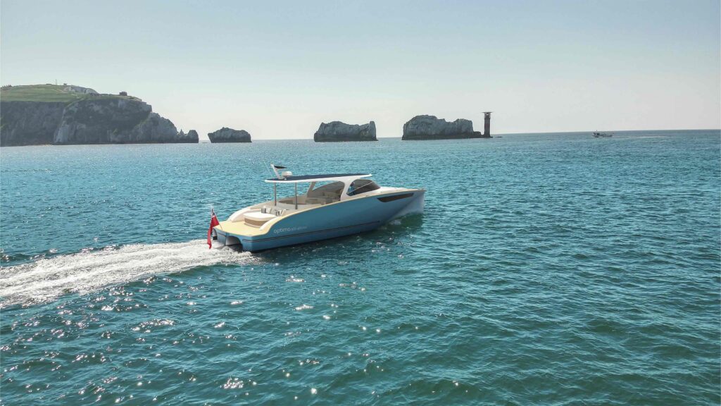 White motor boat by The Needles, Isle of Wight