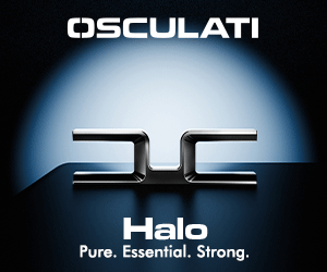 Osculati Halo logo with a sleek metallic cleat on a blue-black gradient background with text reading “Pure. Essential. Strong.” Dates and Oscualti’s stand details at Genoa Boat Show.