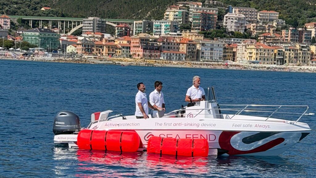 boat with Sea Fend system attached and deployed
