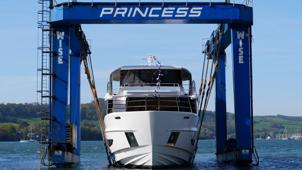 Princess Yachts' X90 in cradle above water