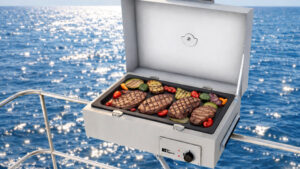 boat bbq on guardrail