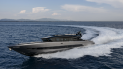 Modern sleek sportsboat carving wake