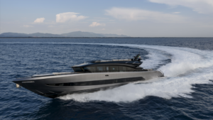Modern sleek sportsboat carving wake
