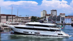 A boat being launched - it's Benetti's latest Class 44M yacht, M:Y Lumina