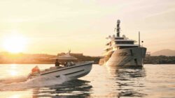 Evene Tender and large superyacht. Image courtesy of Williams Jet Tenders