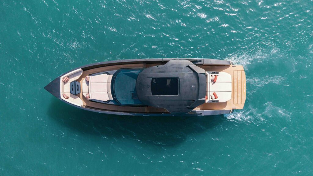 birdseye view of 52ft luxury modern motor boat